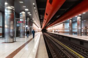 Platform of a modern underground metro station in Athens, Greece
