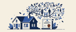 Illustration of a house with a family tree and a sealed document, representing inheritance tax on Greek property