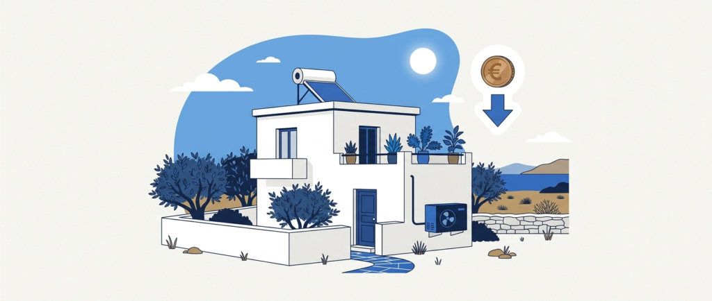 Illustration of a house with a solar water heater on the roof and a heat pump unit beside the wall