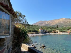 Stone houses along the coastline at Kardamyli in Messinia