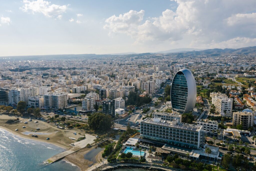 Aerial view of modern buildings along the seafront in Limassol, Cyprus