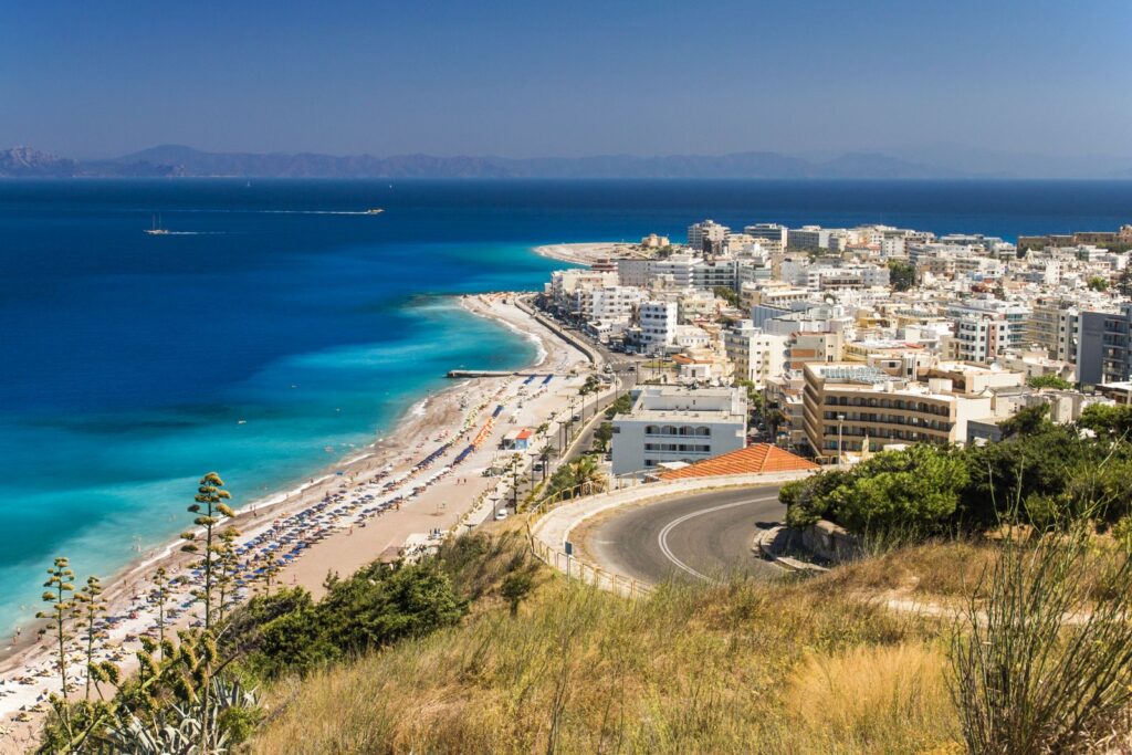 Aerial view of a beach and coastal buildings on Rhodes, Greece