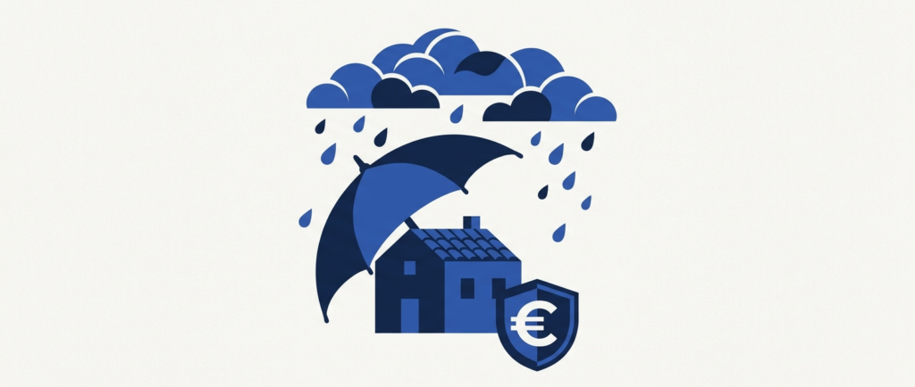 Illustration of a house sheltered by an umbrella under rain clouds, with a shield and euro coin